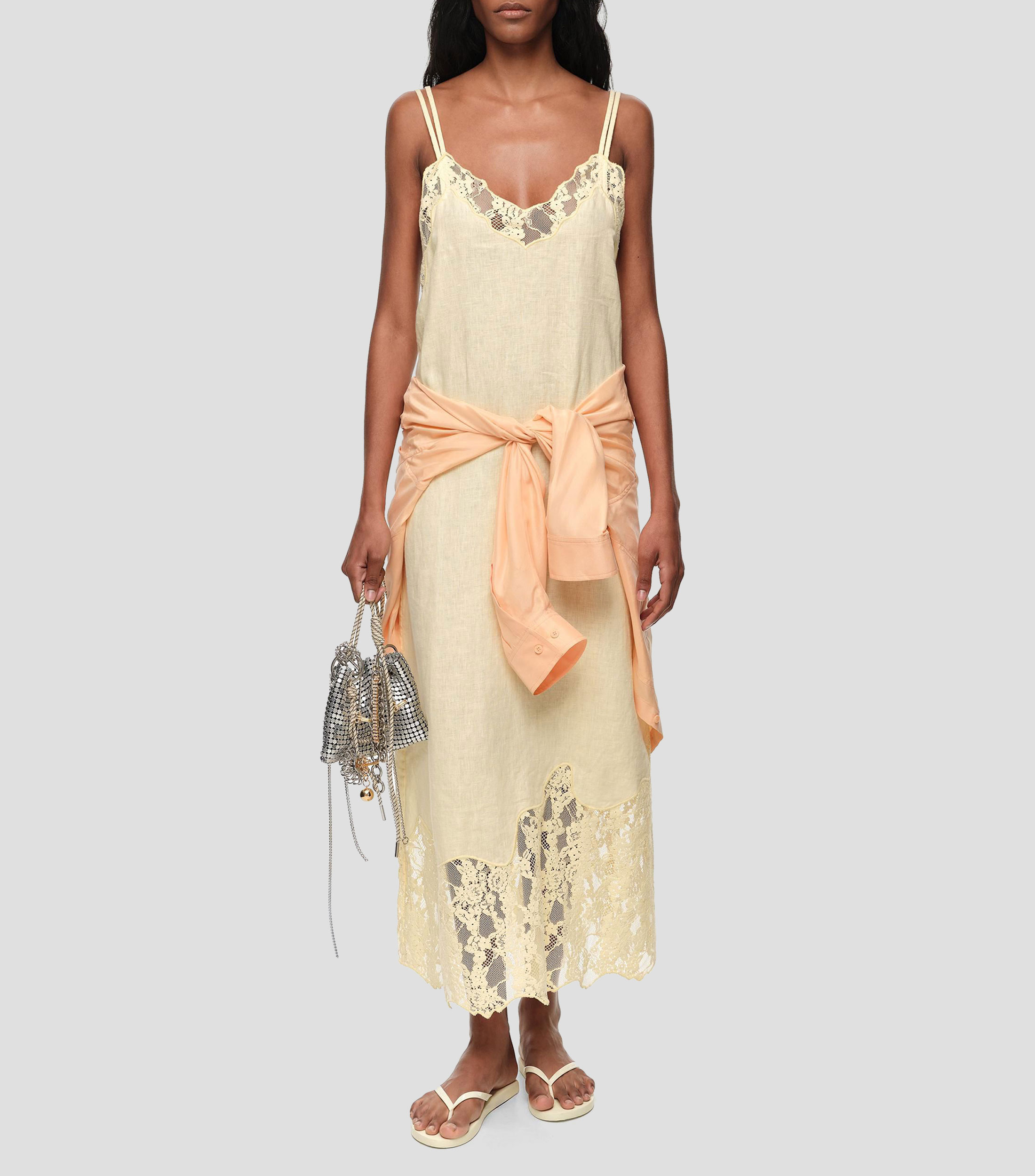 Vestido escote en V encajes lino lavado Mujer
